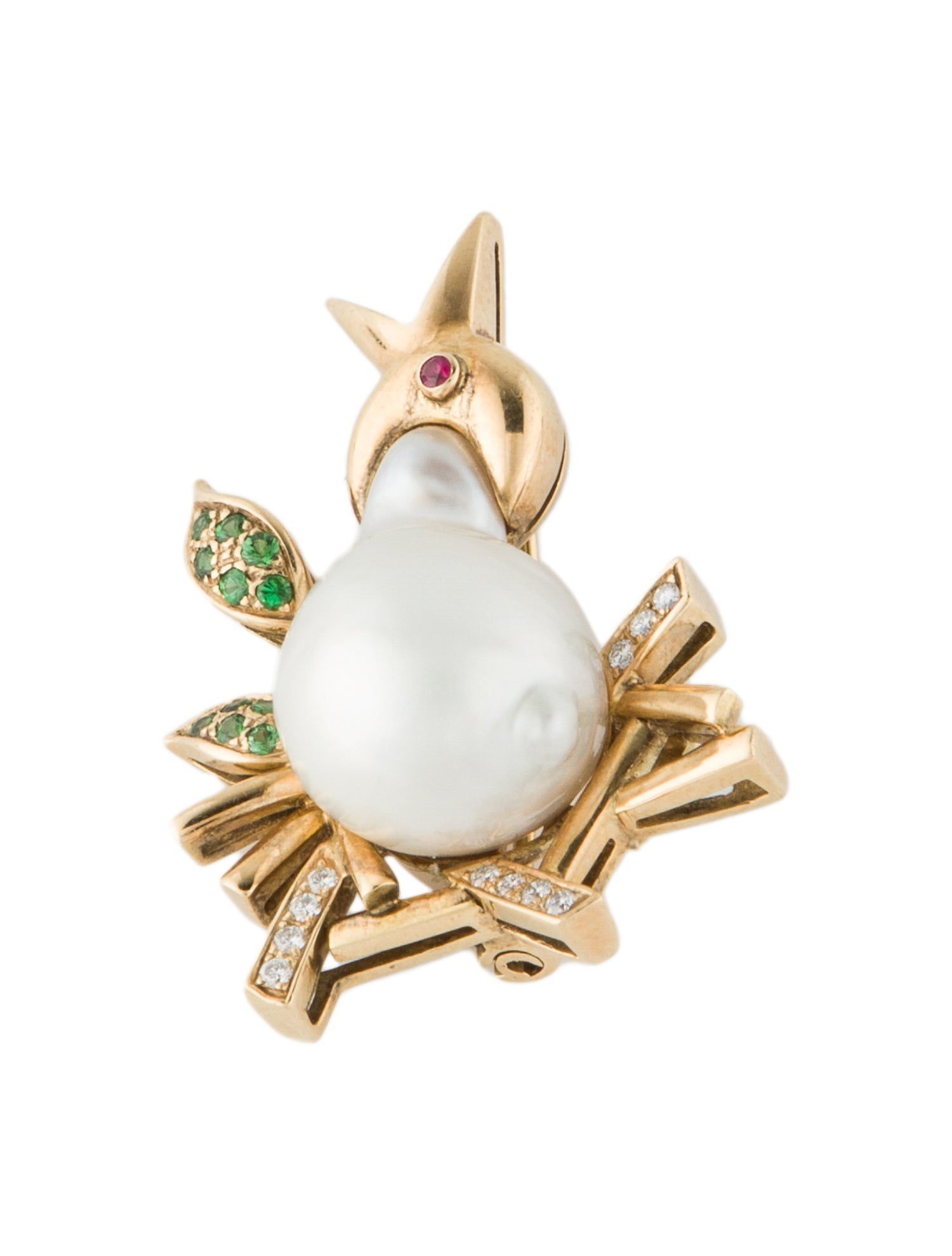 Brooch 18K Pearl & Multistone Baby Bird Pin