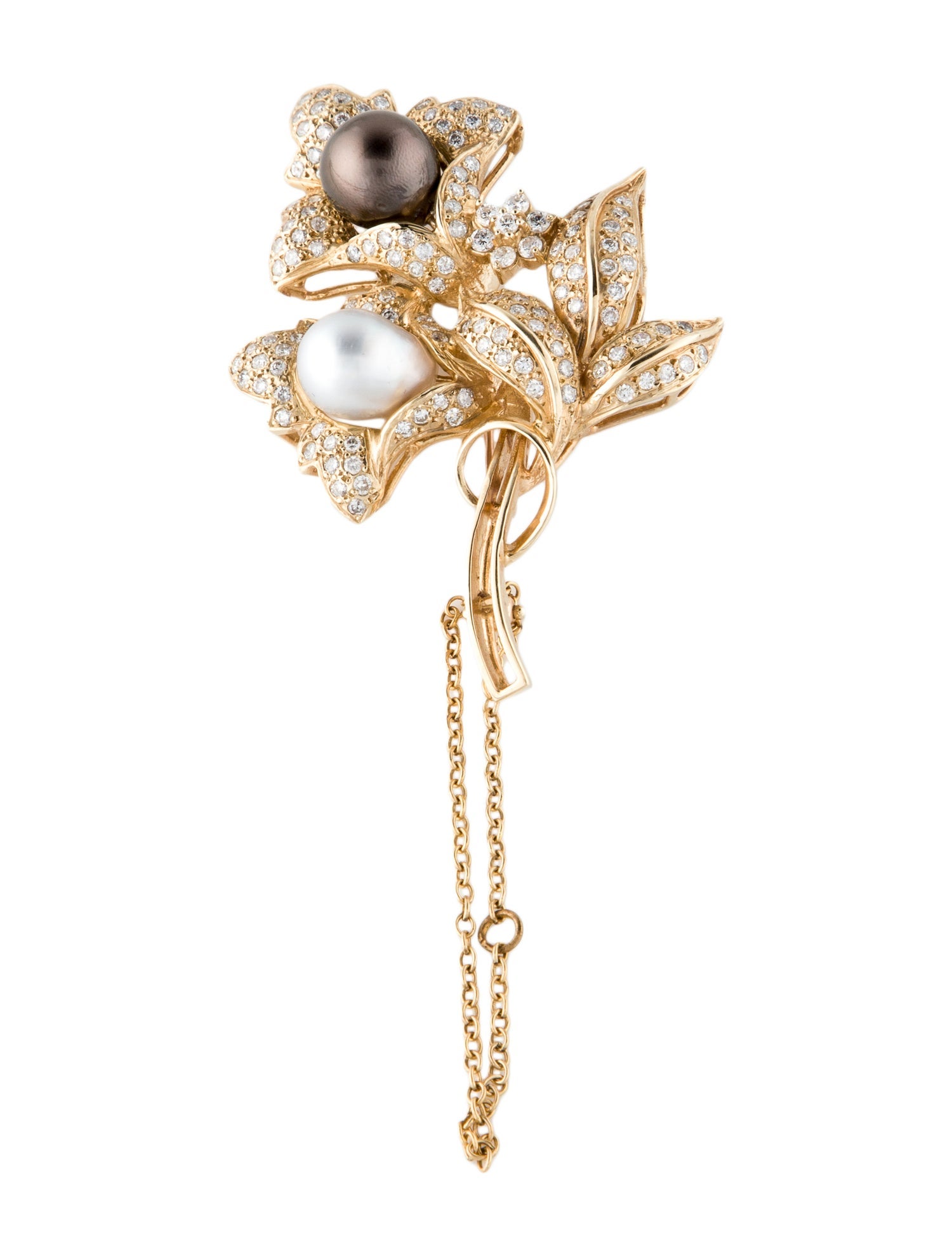 Brooch 14K Pearl & Diamond Floral