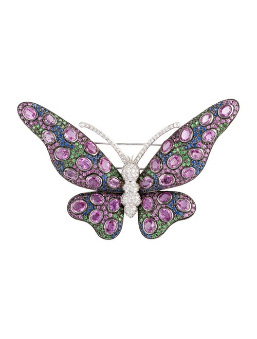 Brooch 18K 21.61ctw Sapphire, Tsavorite Garnet & Diamond Butterfly Pin