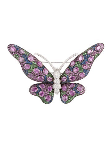 Brooch Pin 18K 21.61ctw Sapphire, Tsavorite Garnet & Diamond Butterfly