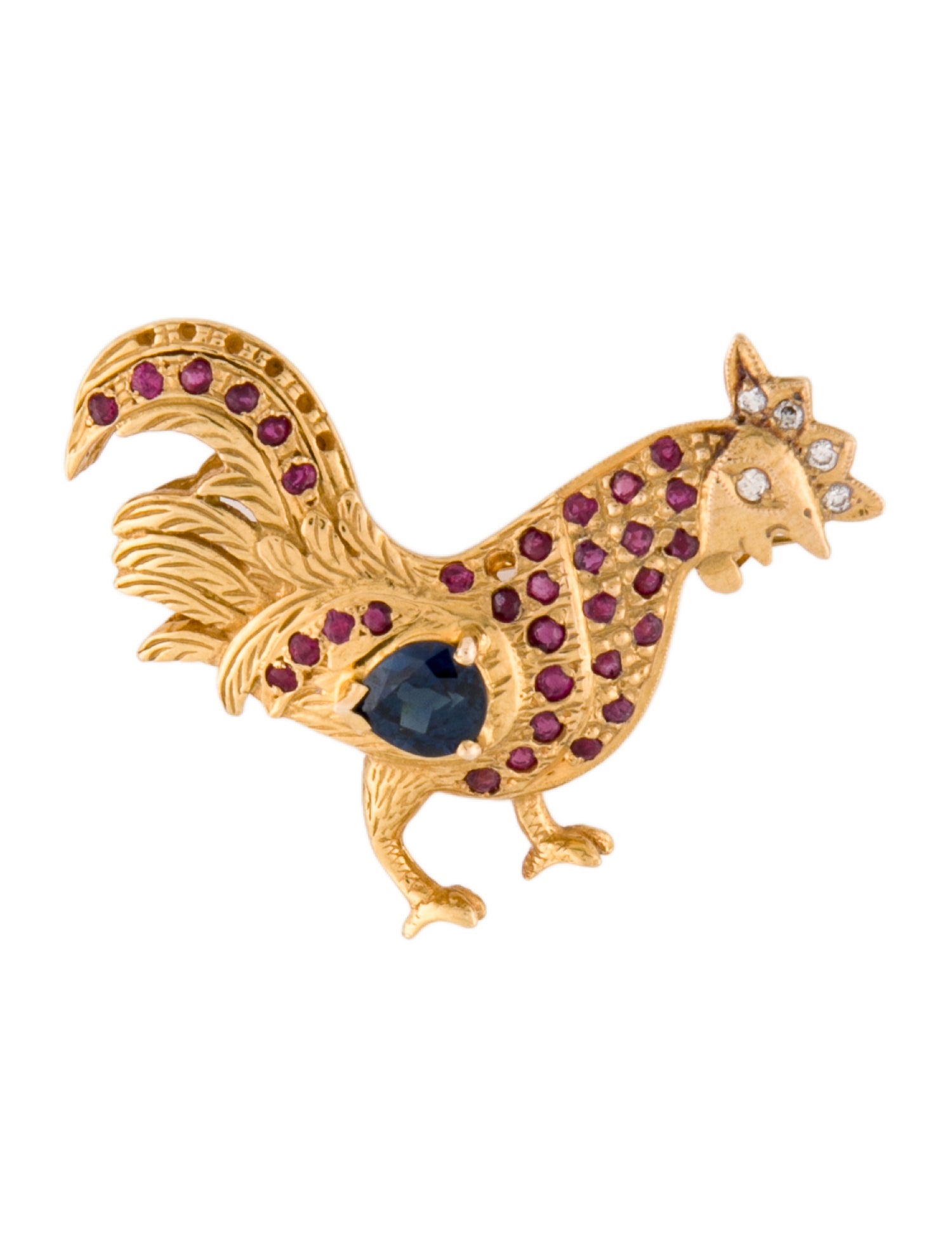 Brooch 20K Ruby, Blue Sapphire & Diamond Rooster Brooch Pin