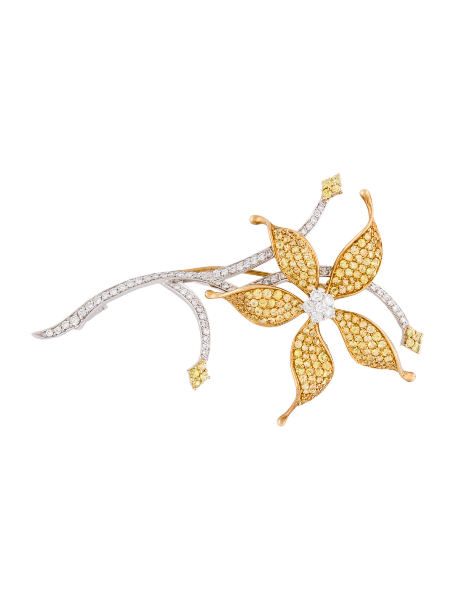Brooch 18K Two-Tone 2.56ctw Yellow Sapphire & Diamond Flower Brooch Pin