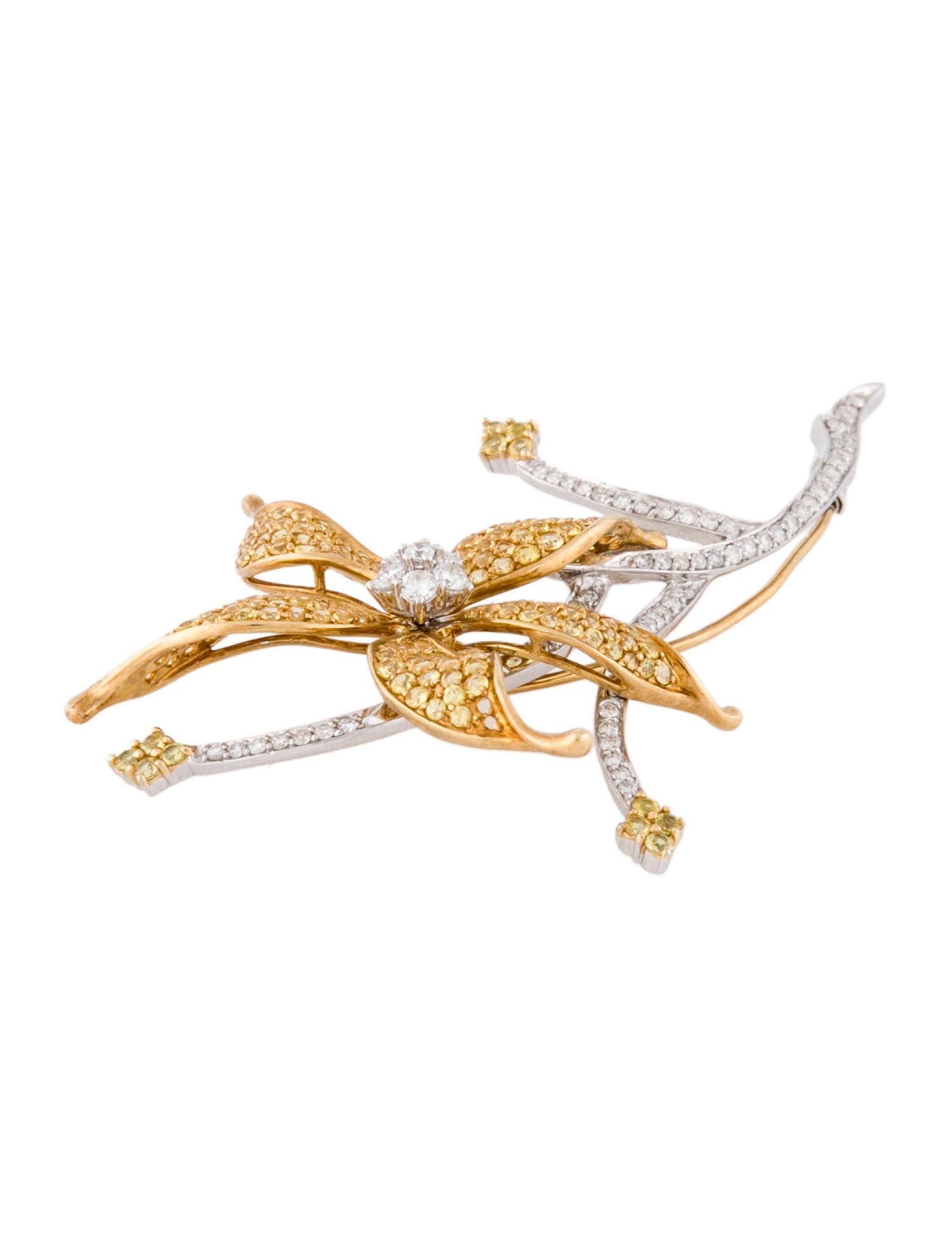 Brooch 18K Two-Tone 2.56ctw Yellow Sapphire & Diamond Flower Brooch Pin