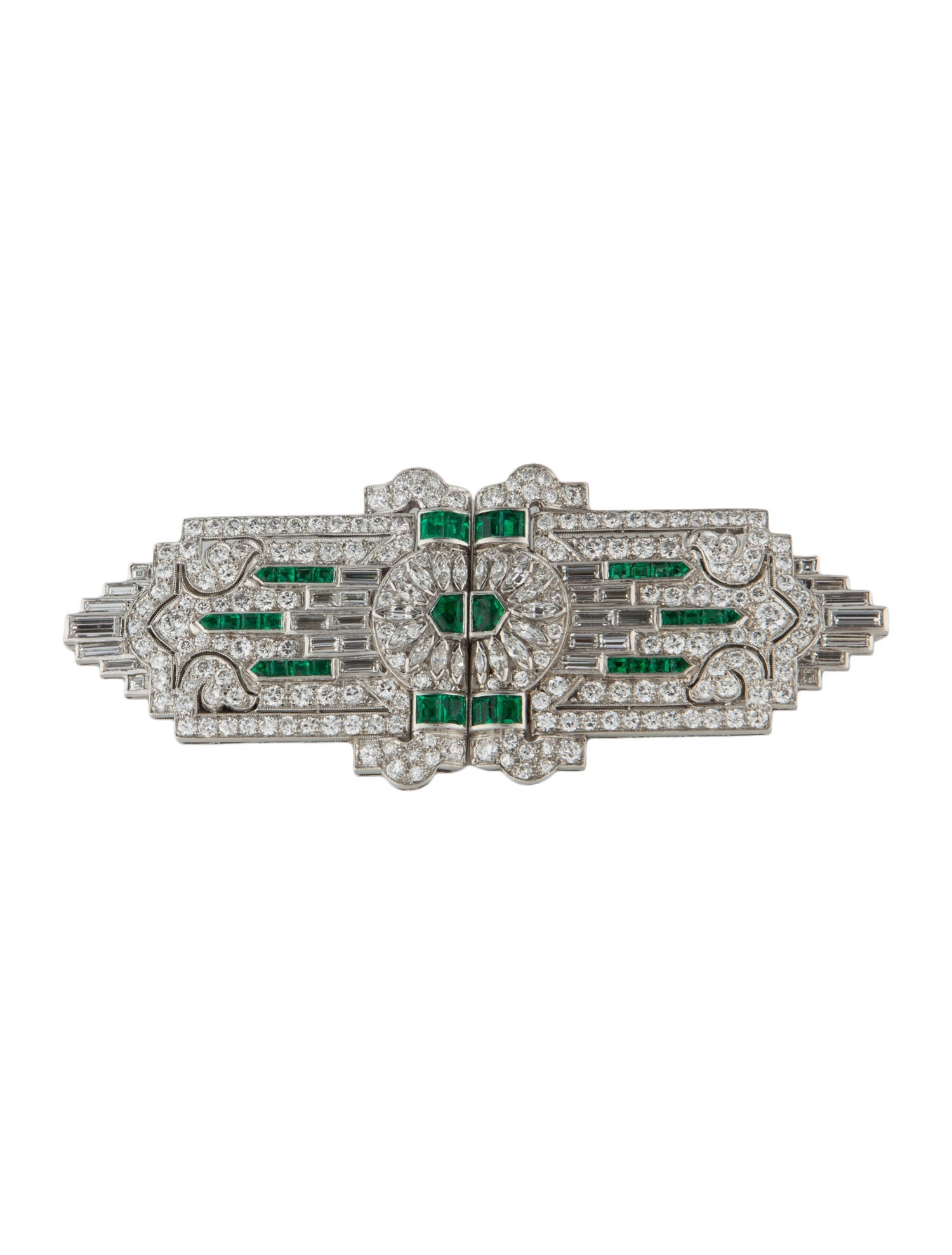 Brooch Art Deco Platinum 4.98ctw Diamond & Emerald Dress Clip