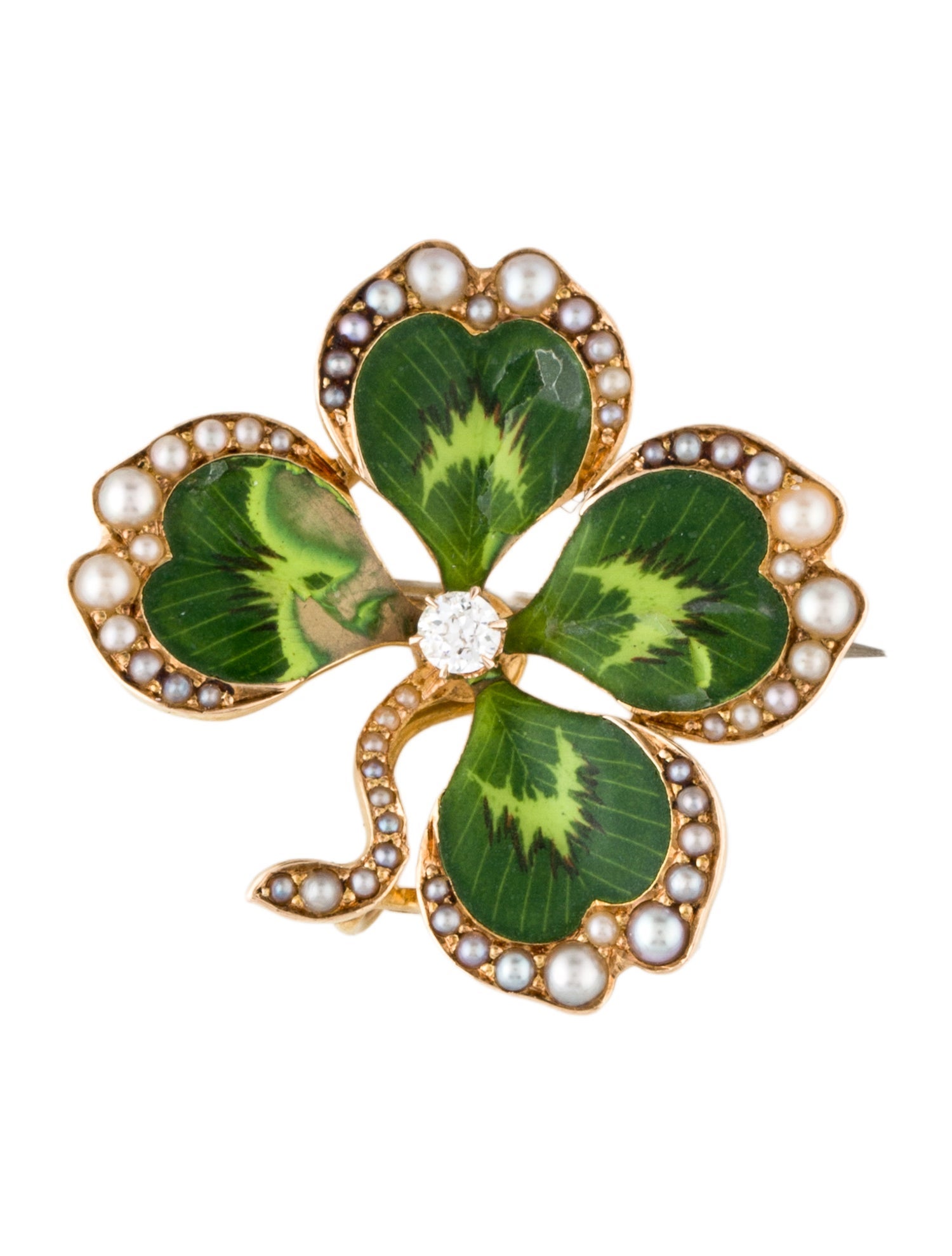 Brooch Vintage 18K Dyed Pearl, Diamond & Enamel