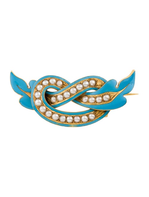 Brooch Antique 18K Pearl & Enamel Knot Brooch