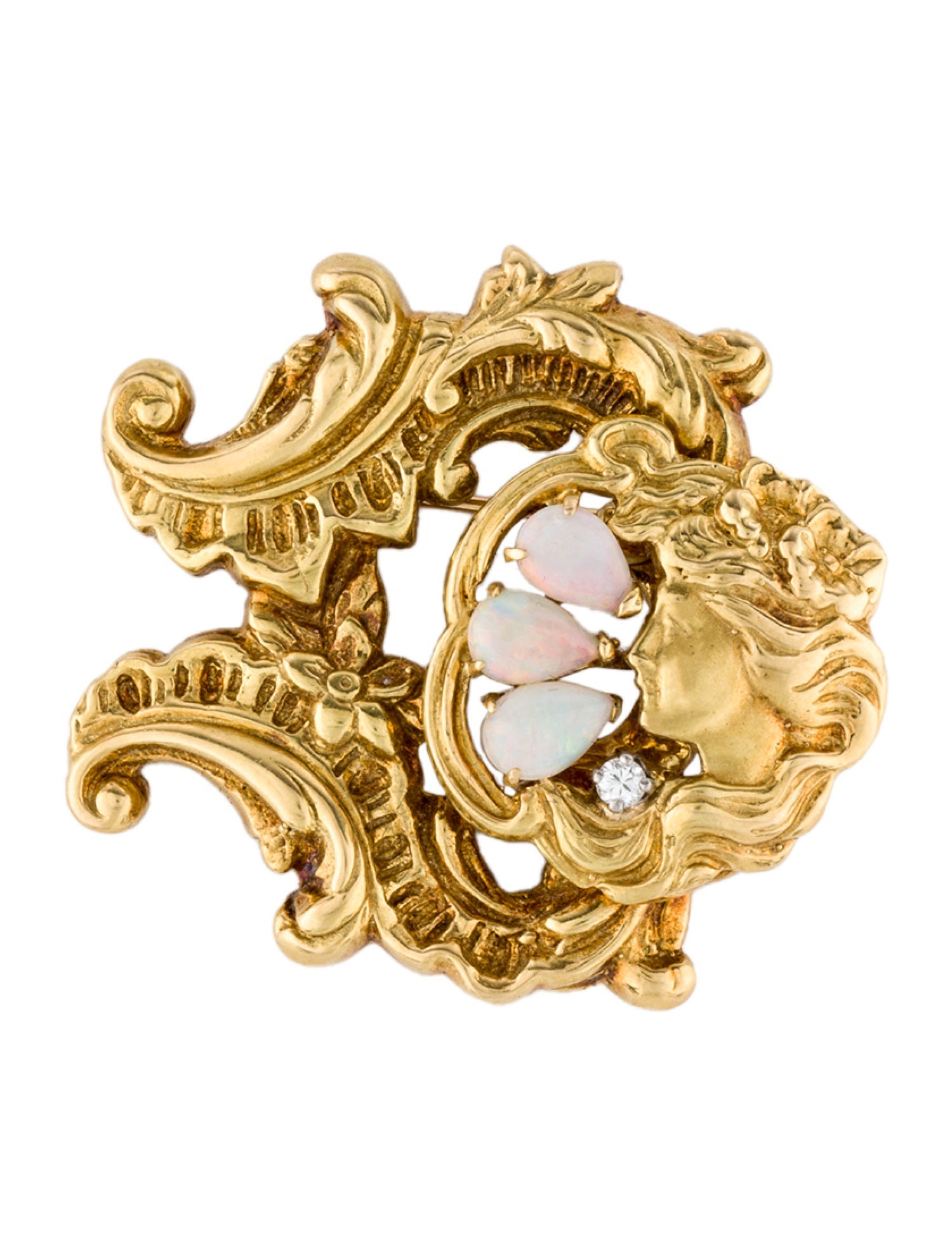 Brooch 18K Opal & Diamond Pin