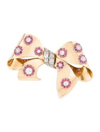 Brooch Retro 18K 2.34ctw Diamond & Ruby Bow Pin