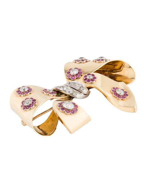 Brooch Retro 18K 2.34ctw Diamond & Ruby Bow Pin