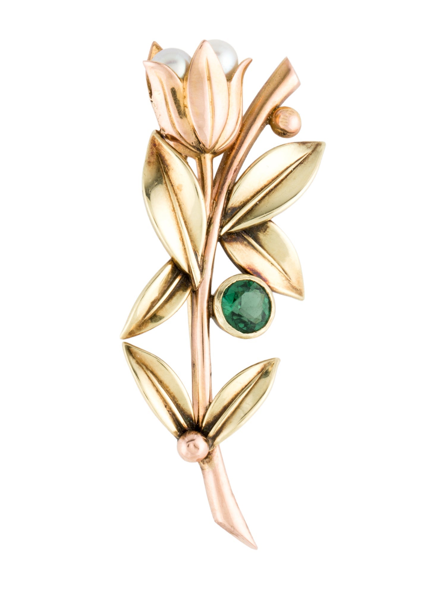 Brooch 14K Vintage Pearl & Tourmaline Flower  Pin