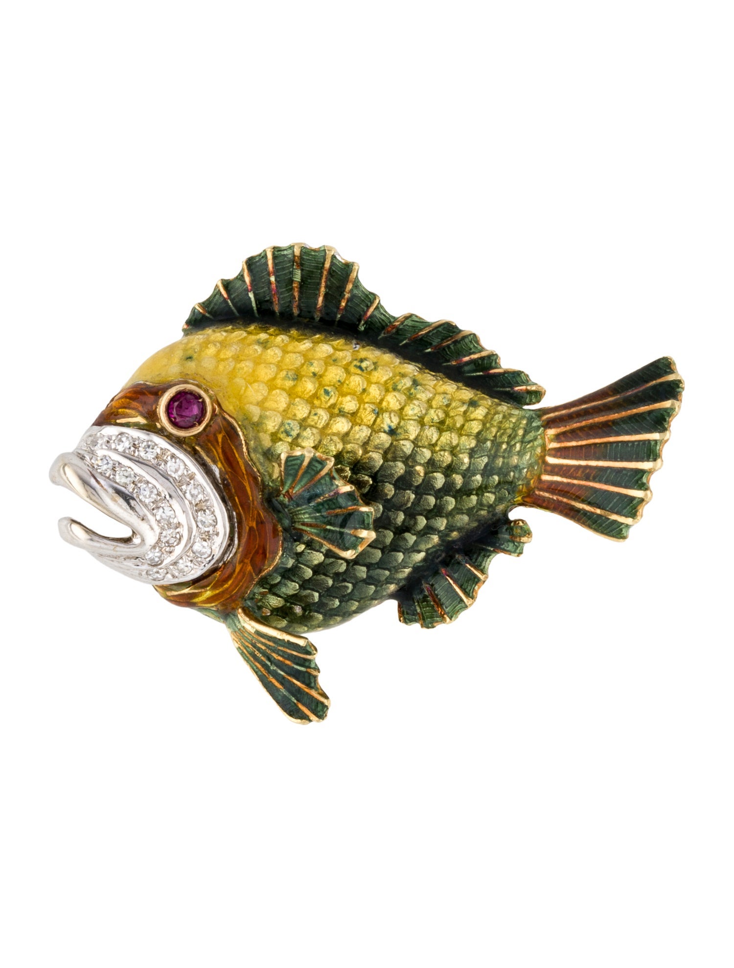 Brooch 18K Ruby, Diamond & Enamel Fish