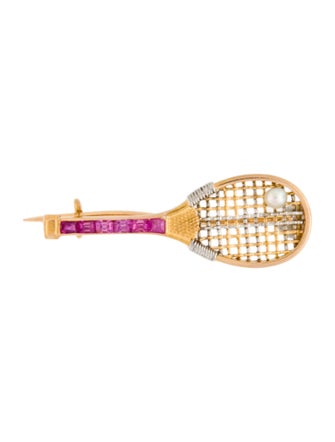 Brooch 18K Pearl & Ruby Tennis Racquet Brooch
