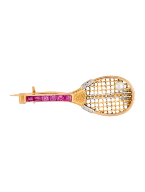 Brooch 18K Pearl & Ruby Tennis Racquet Brooch
