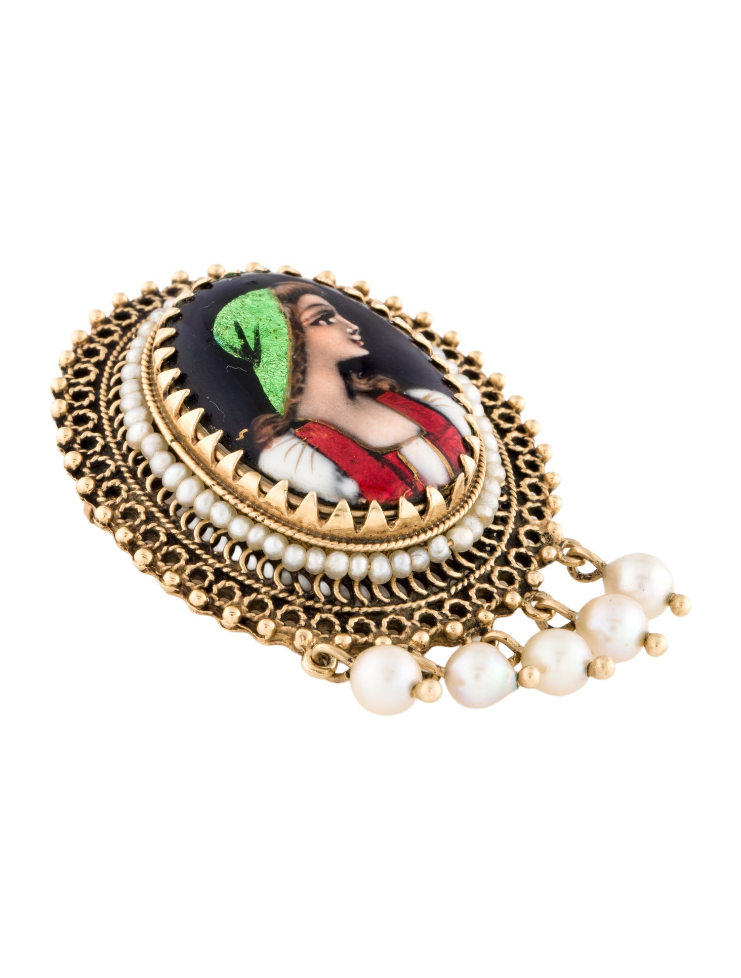 Brooch Vintage 14K Pearl & Enamel Portrait Pendant