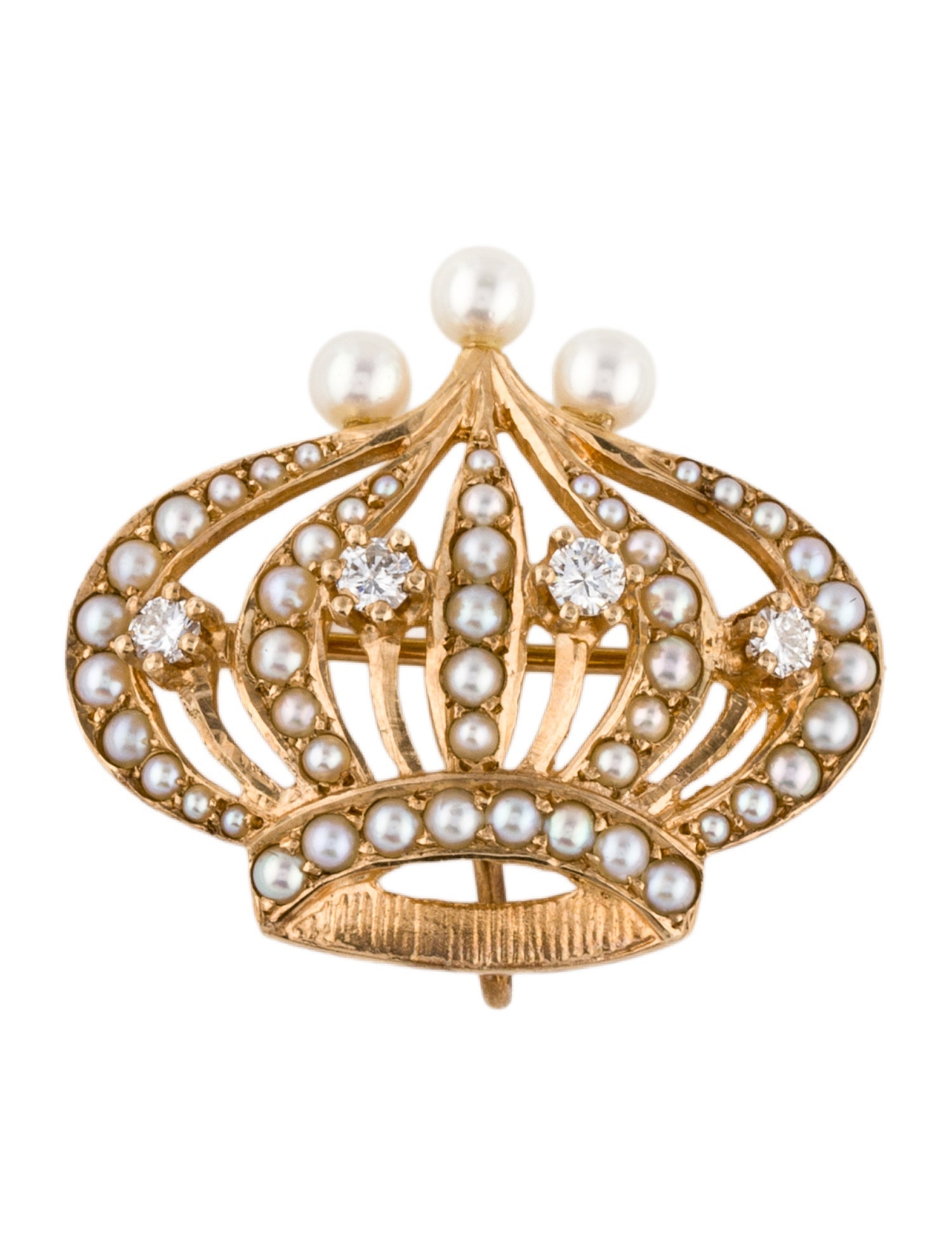 Brooch 14K Pearl & Diamond Crown Brooch Pin