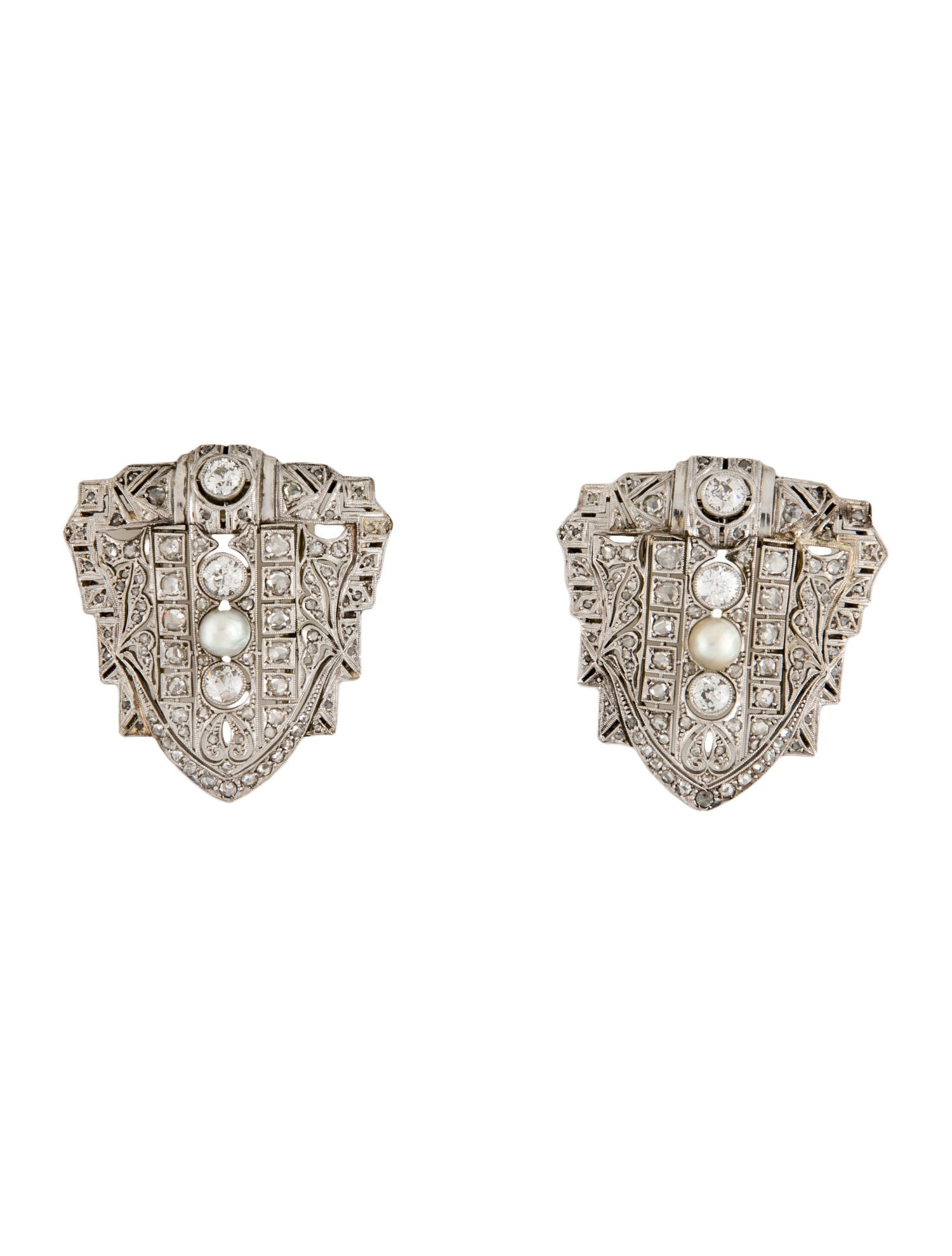 Brooch Edwardian Platinum Pearl & Diamond Clip Set