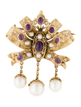 Brooch 18K 2.04ctw Amethyst & Pearl Brooch Pin