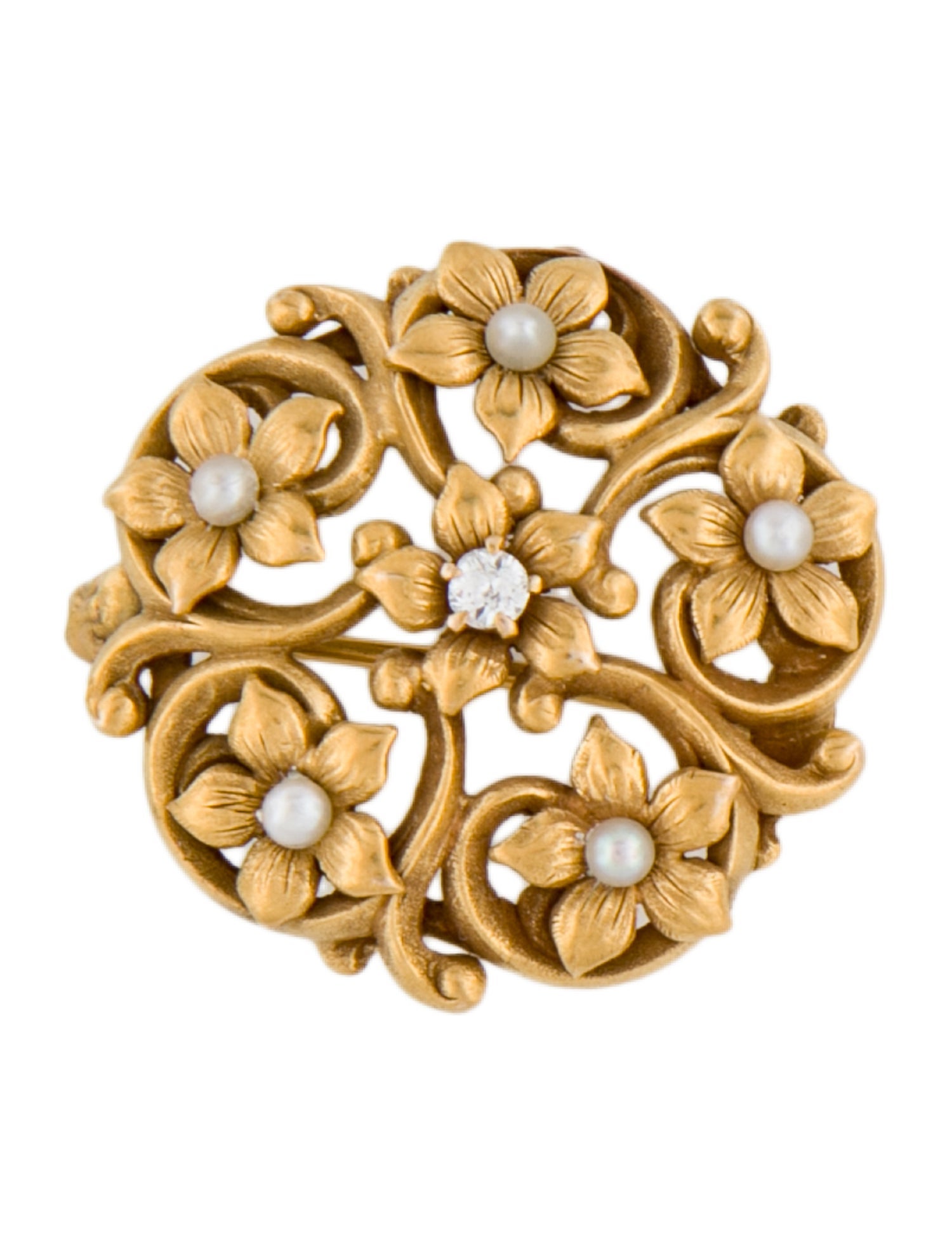 Brooch 23K Diamond & Pearl Flower