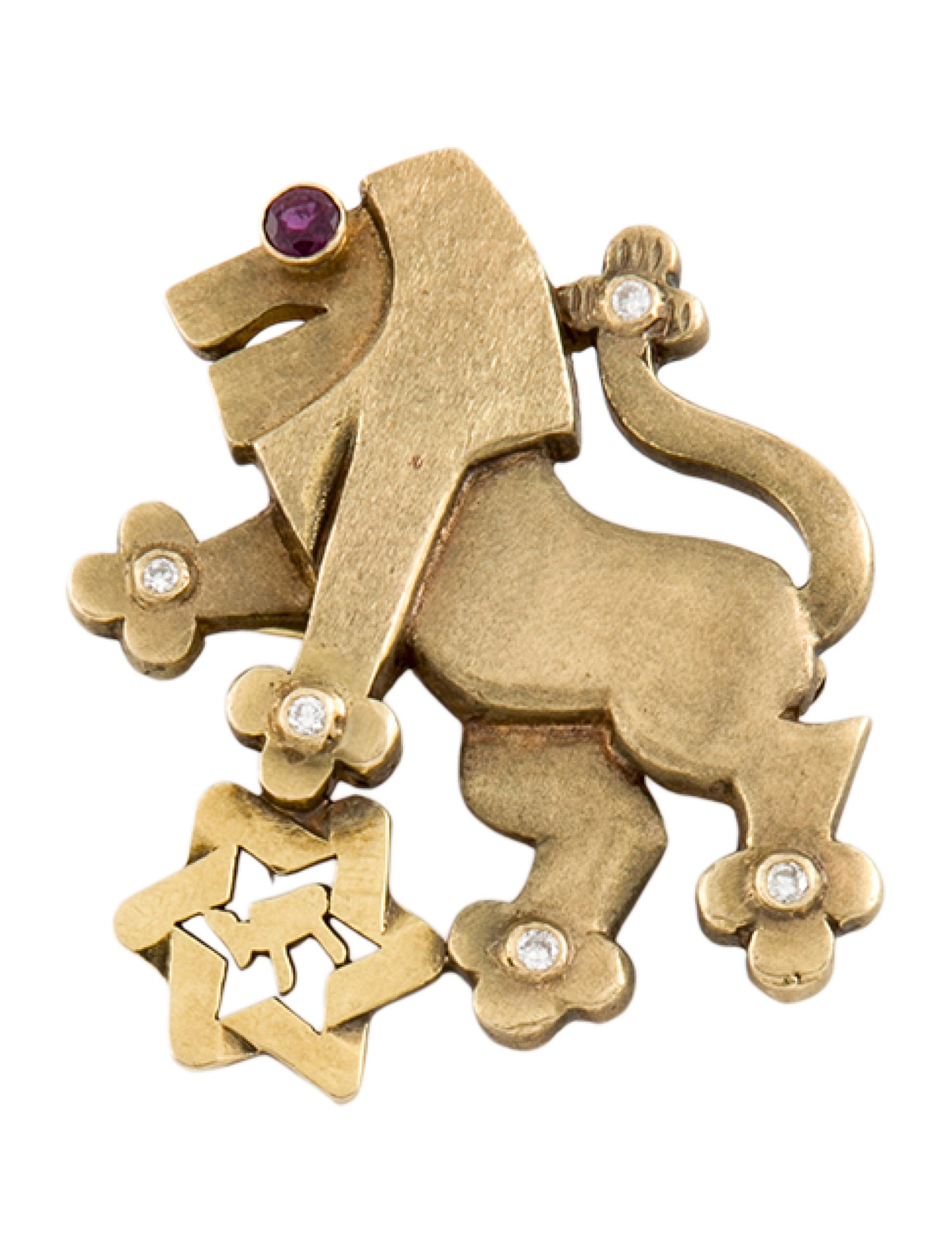 Brooch 14K Ruby & Diamond Star of David Chai Lion Pendant Pin