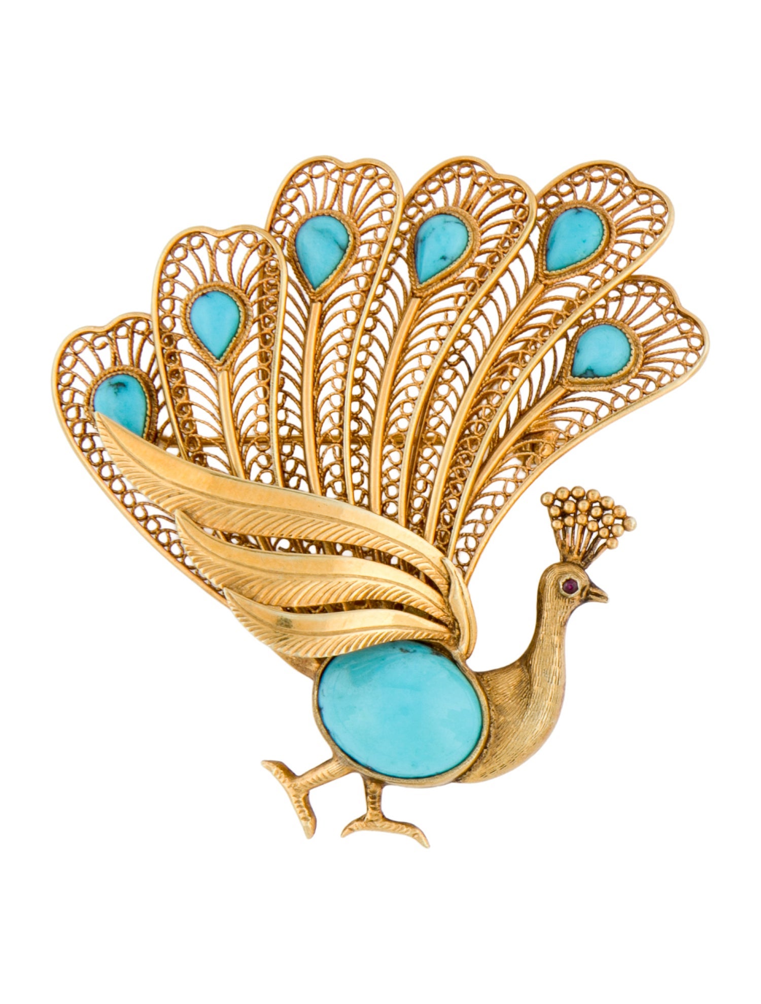 Brooch 14K 5.50ctw Turquoise & Ruby Peacock
