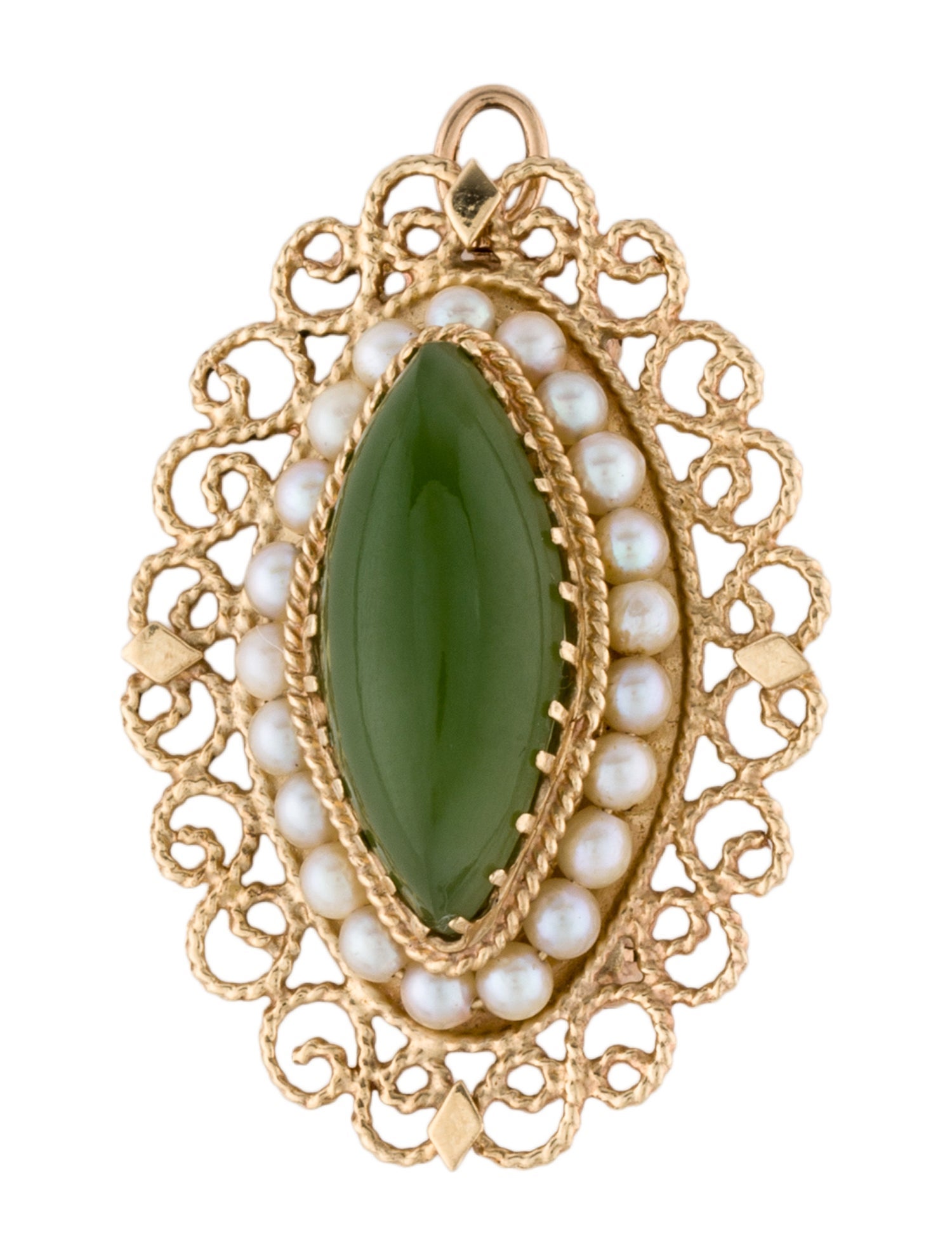 Brooch 14K Pearl & Nephrite Pendant