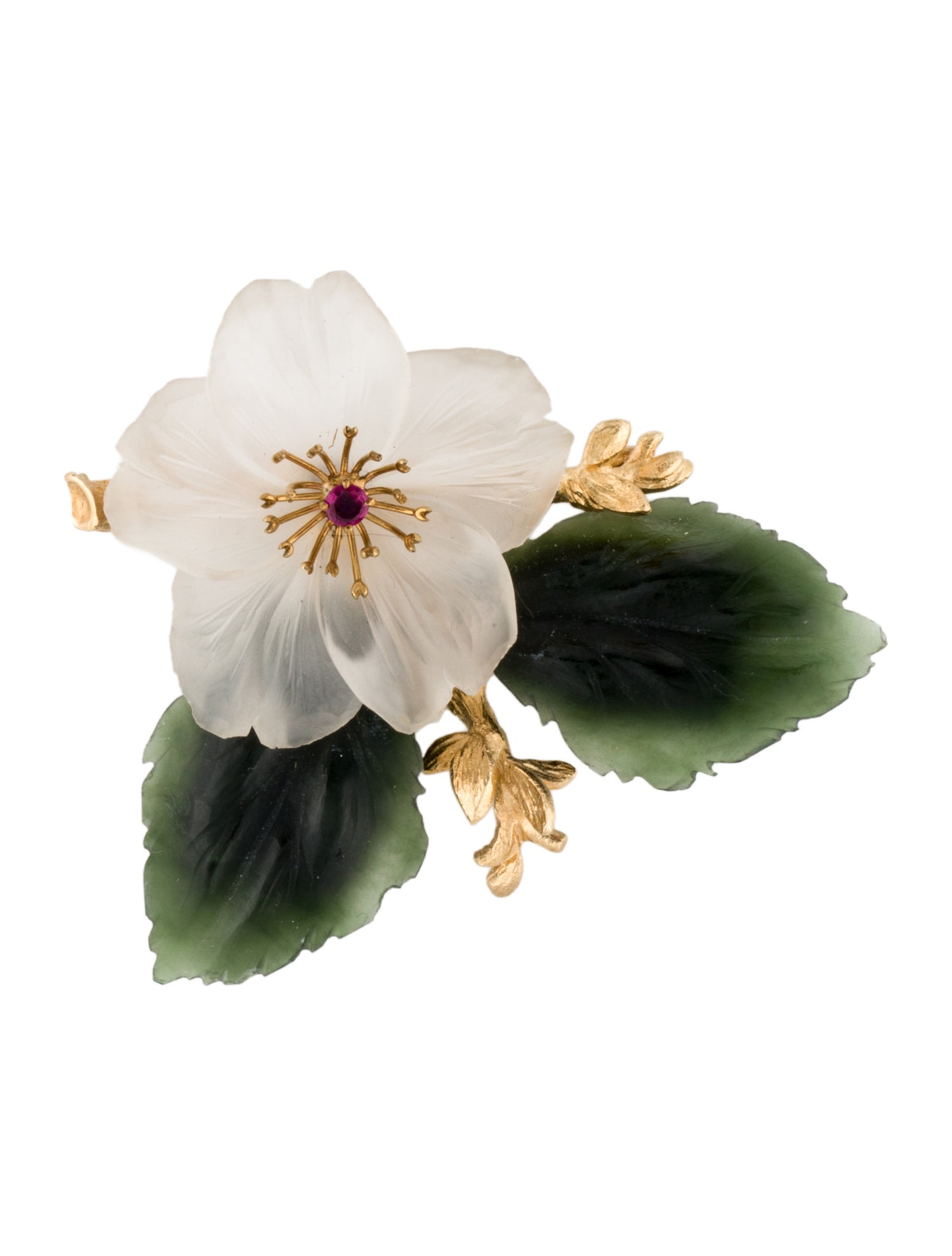 Brooch 14K Nephrite, Ruby & Quartz Flower Pin