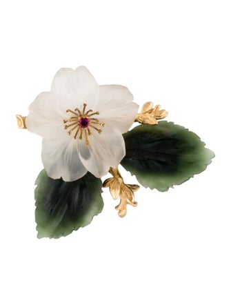 Brooch 14K Nephrite, Ruby & Quartz Flower Pin Brooch