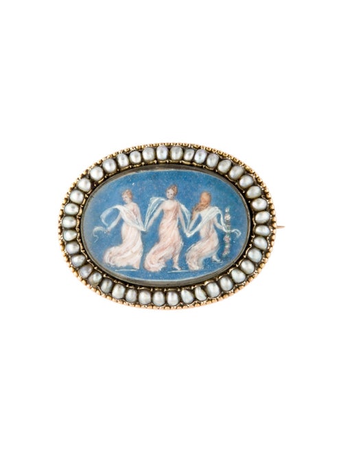 Brooch Victorian Dyed Pearl & Enamel Three Fates Brooch