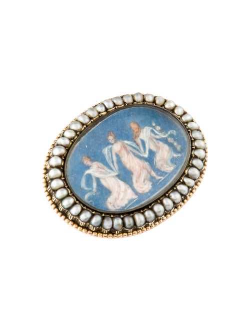 Brooch Victorian Dyed Pearl & Enamel Three Fates Brooch
