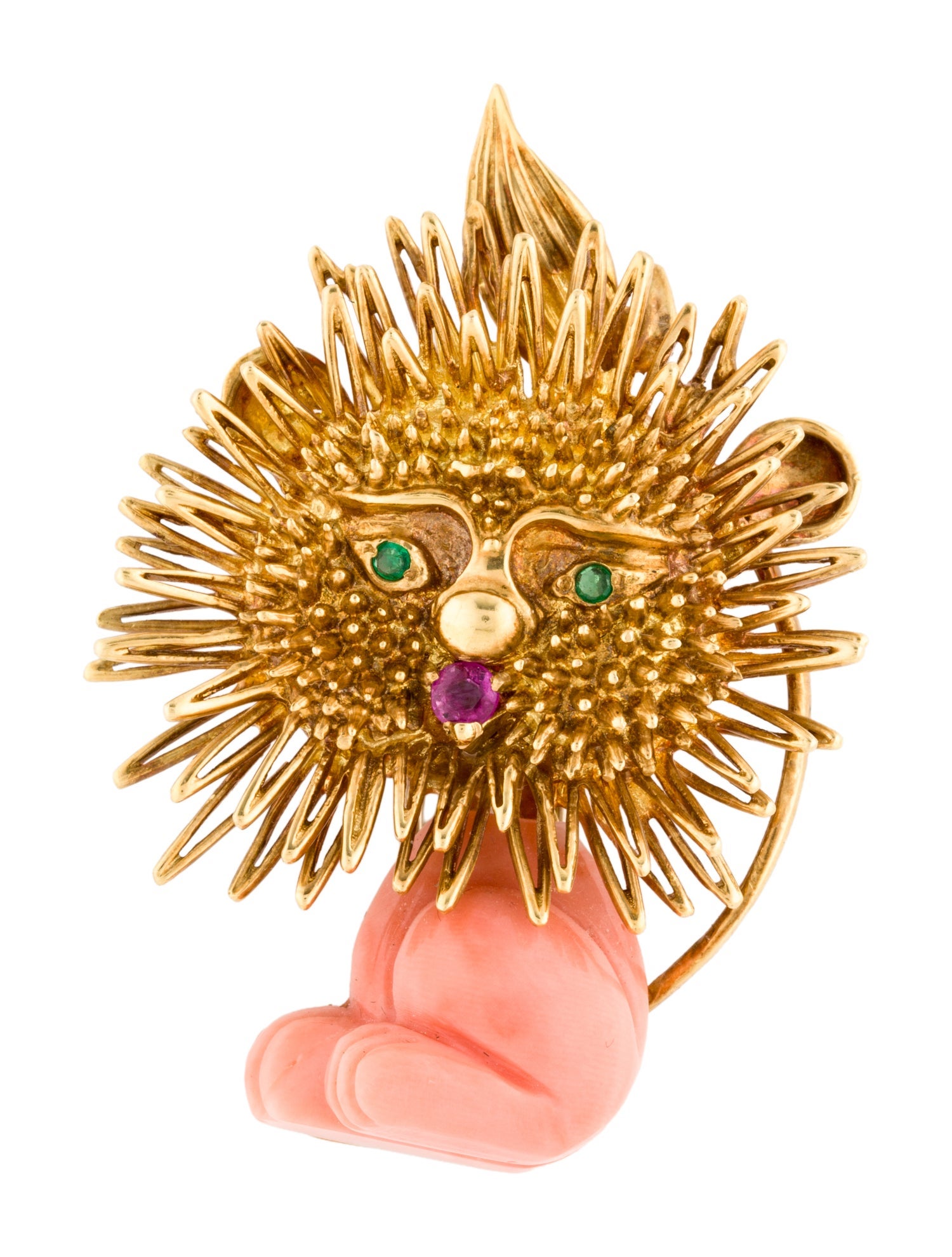 Brooch 18K Coral, Ruby & Emerald Lion