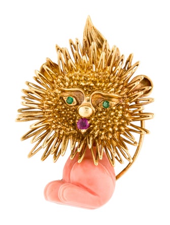 Brooch 18K Coral, Ruby & Emerald Lion Brooch