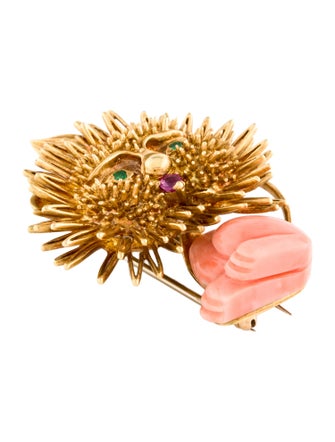 Brooch 18K Coral, Ruby & Emerald Lion Brooch