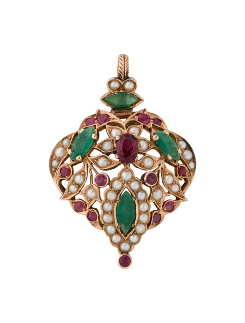 Brooch 14K Pearl, Emerald, Rhodolite & Ruby Pendant