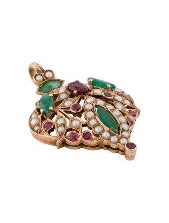 Brooch 14K Pearl, Emerald, Rhodolite & Ruby Pendant