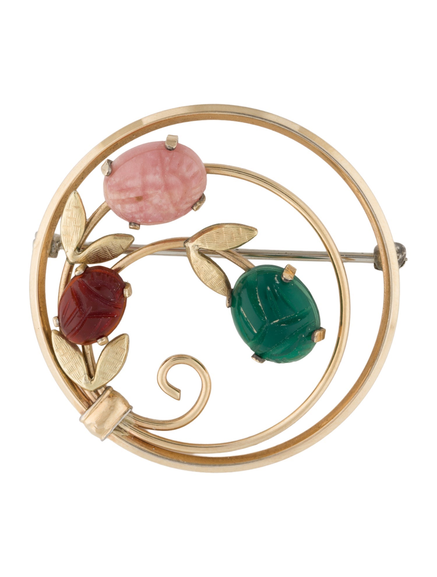 Brooch Krementz 14K Rhodochrosite, Carnelian & Dyed Chalcedony Pin