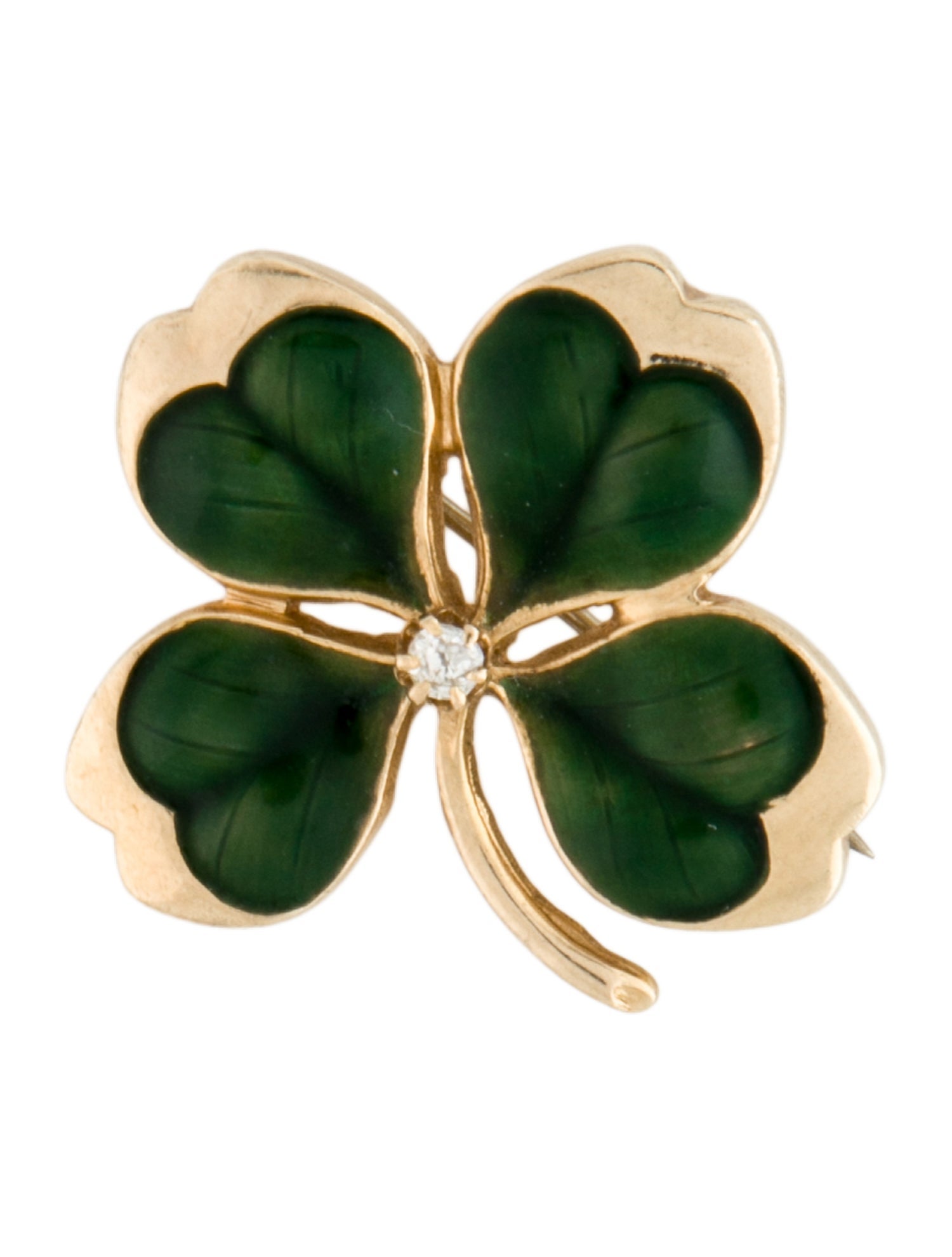Brooch 14K Diamond & Enamel Four Leaf Clover Pin