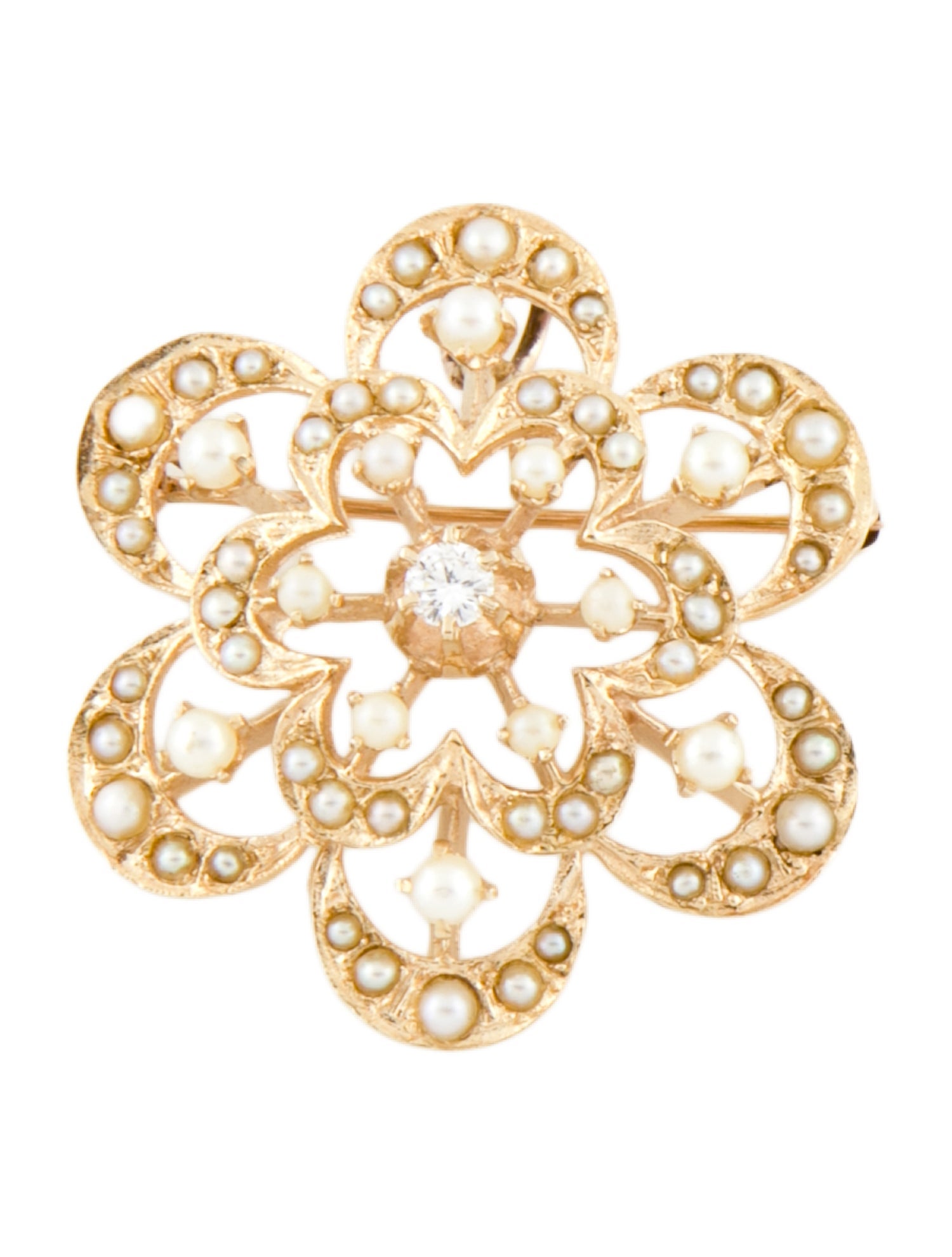 Brooch 14K Pearl & Diamond Flower