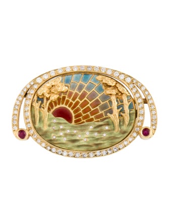 Brooch 18K Ruby, Diamond & Enamel Pin Brooch