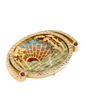 Brooch 18K Ruby, Diamond & Enamel Pin Brooch