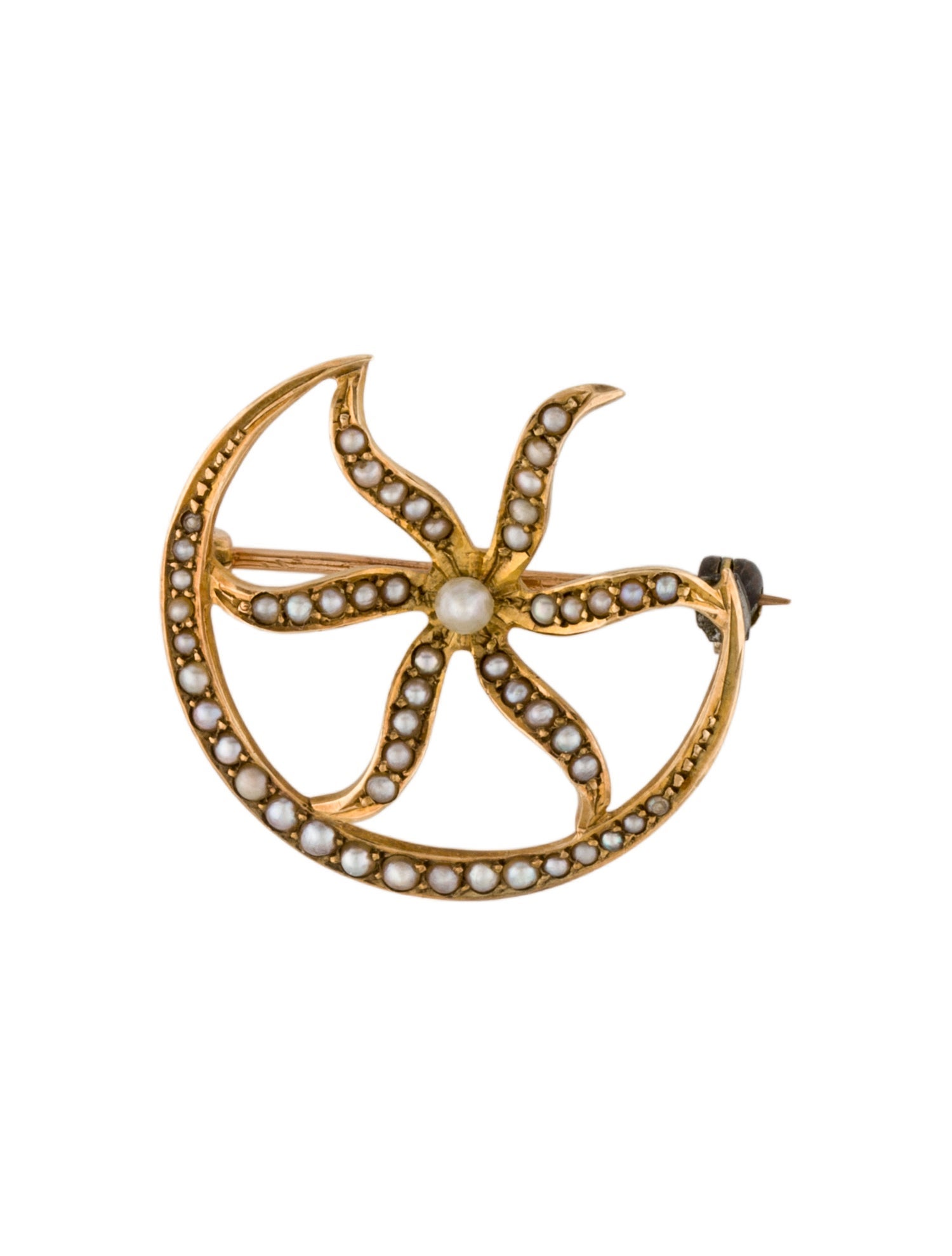 Brooch 14K Pearl Crescent Moon & Star Brooch