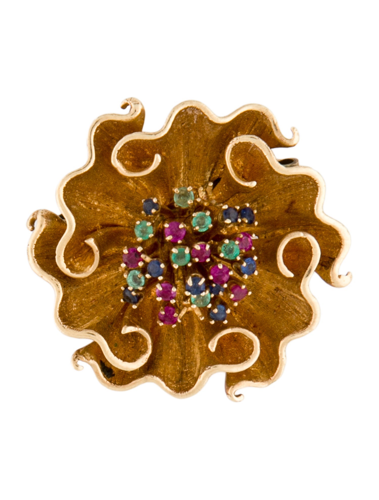 Brooch 14K Ruby, Emerald, & Sapphire Flower Pin