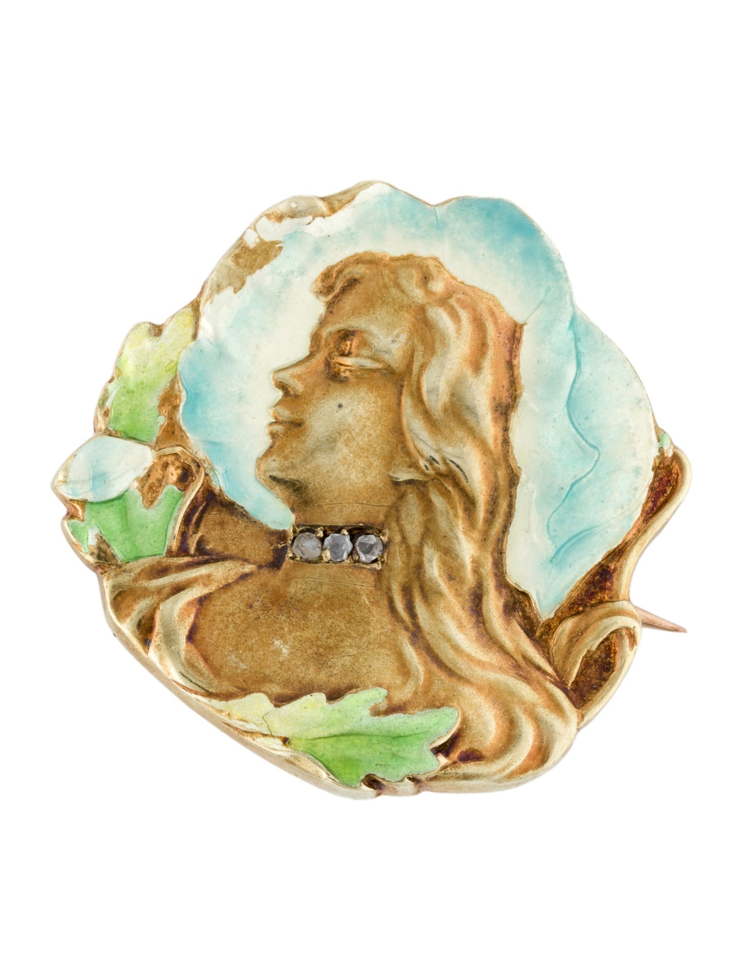Brooch Art-Nouveau 14K Diamond & Enamel Brooch