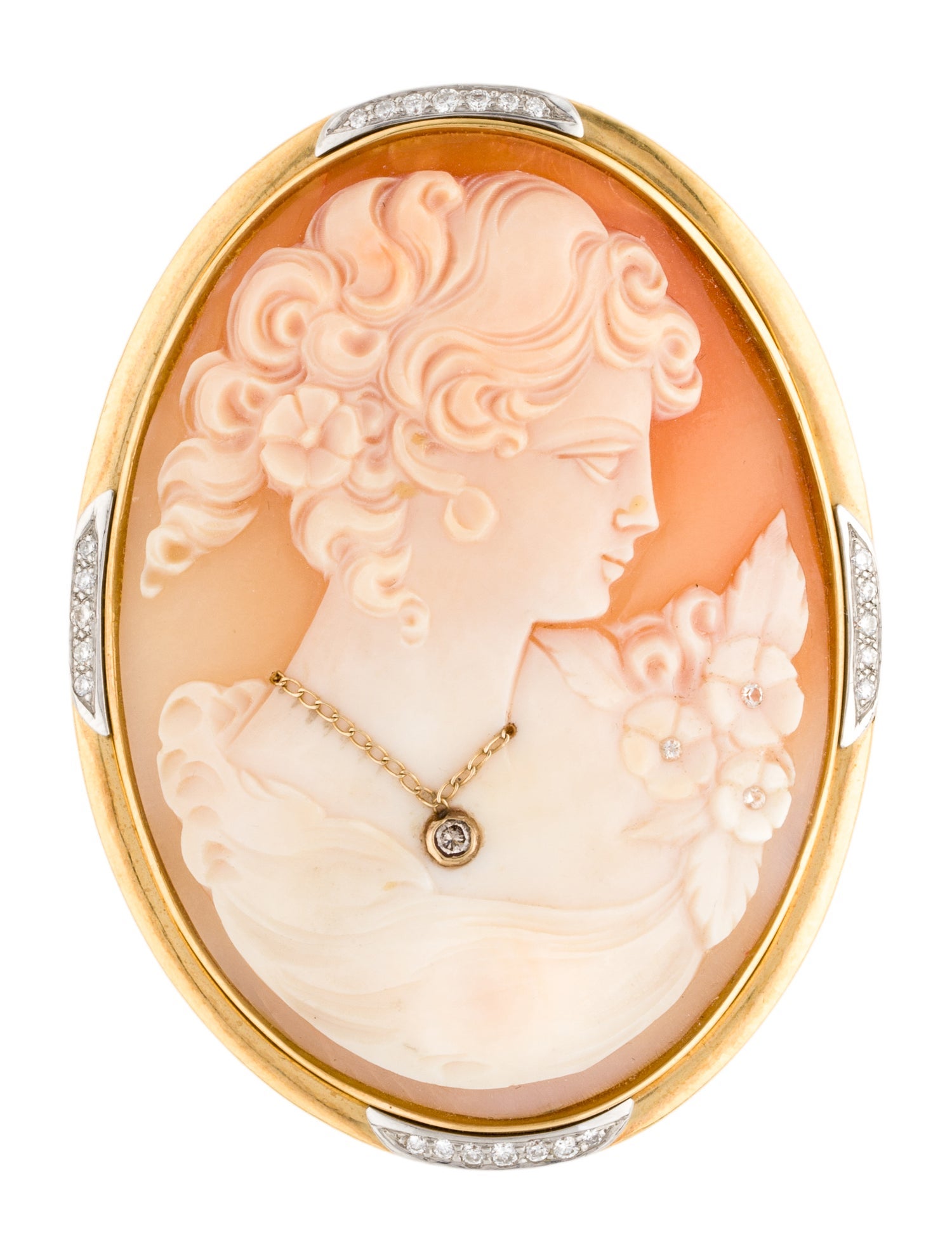 Brooch 18K Shell & Diamond Large Cameo Brooch