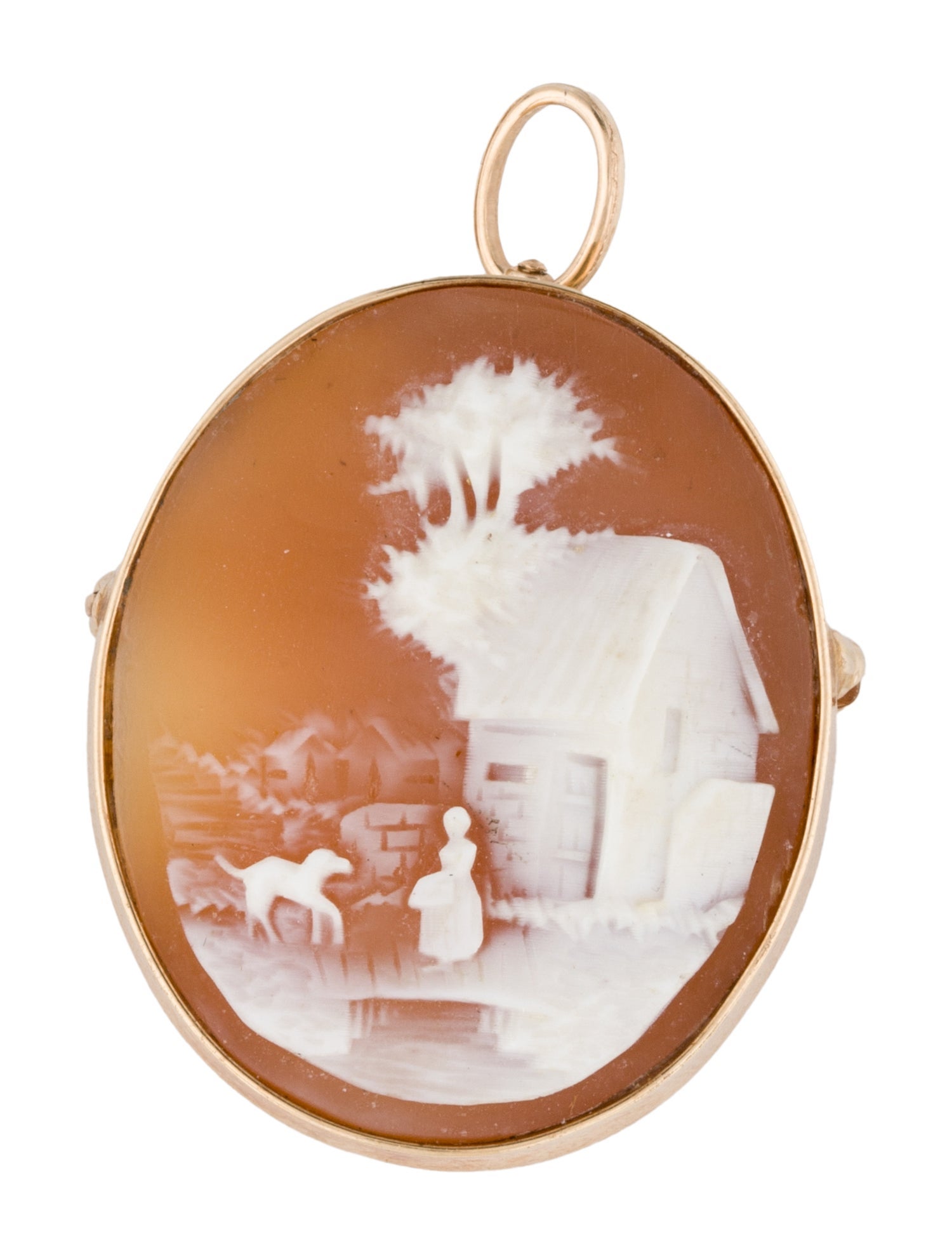 Brooch 10K Shell Pastoral Scene Cameo Pendant
