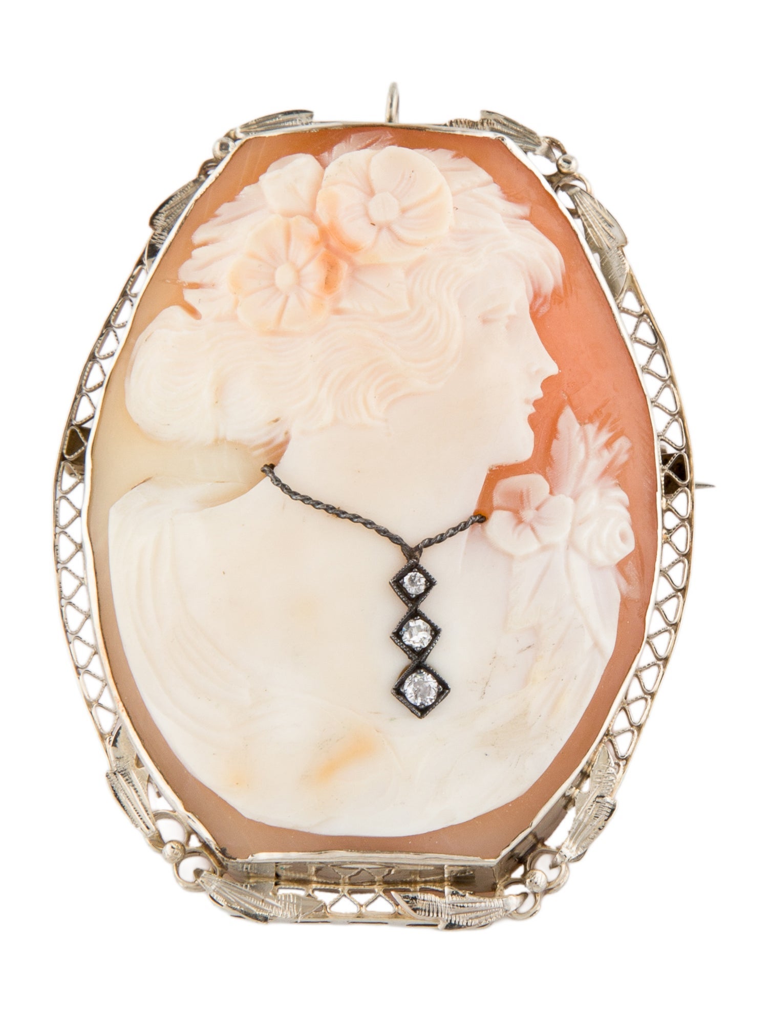 Brooch Vintage 10K Diamond Shell Cameo Pendant