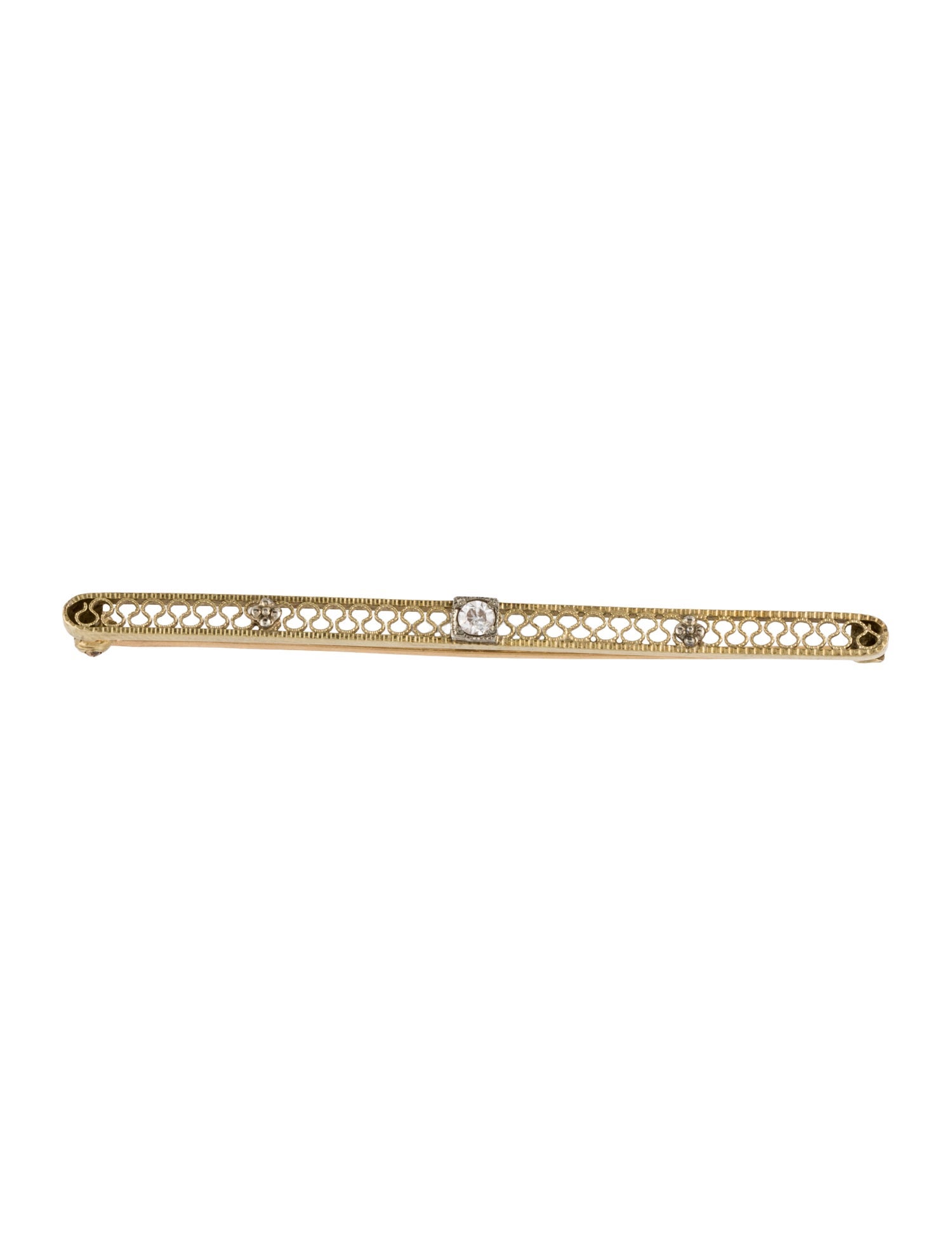 Brooch 14K Diamond Open Scroll Work Bar Pin