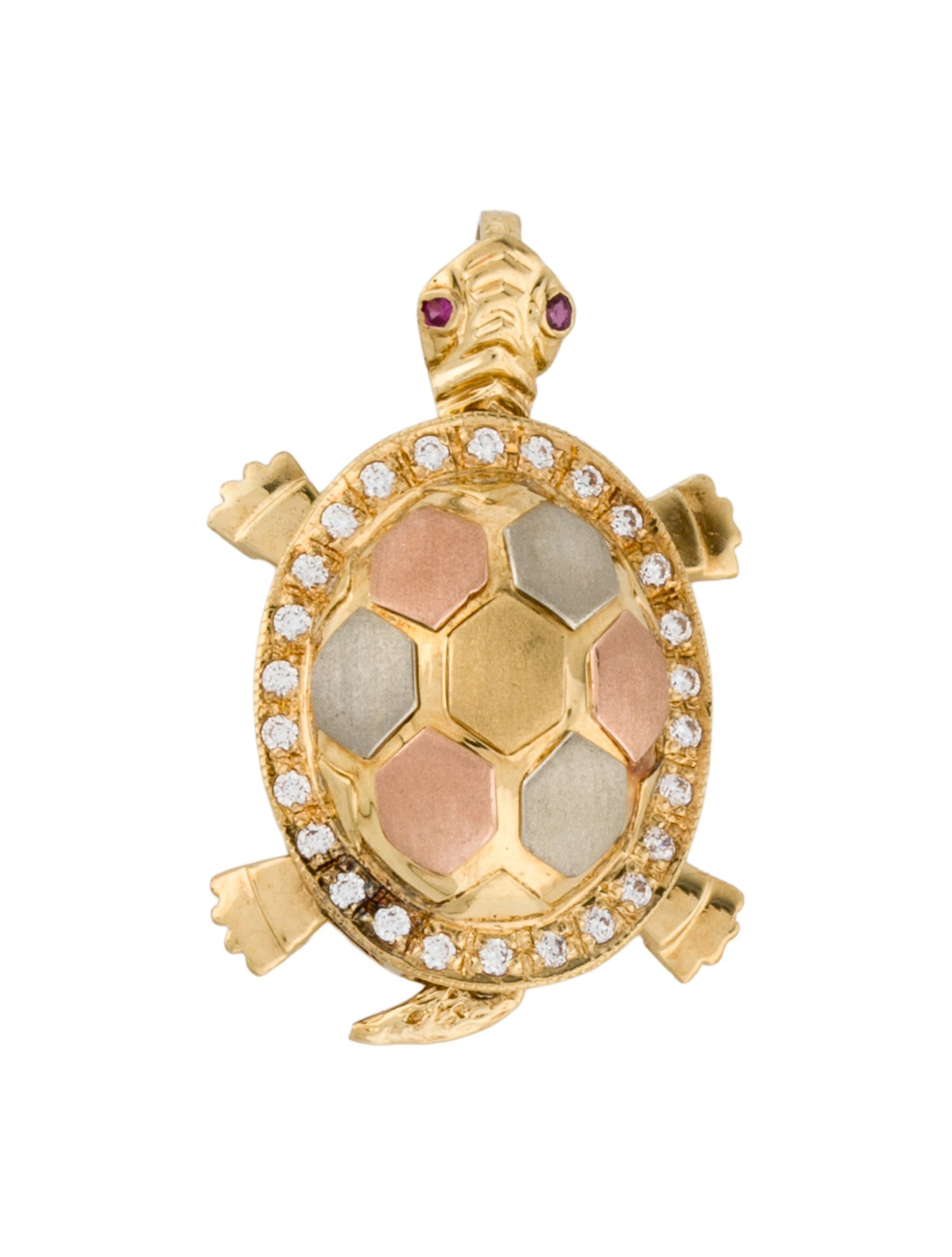 Brooch 18K Tri-Color Synthetic Ruby & Diamond Articulating Turtle Pendant