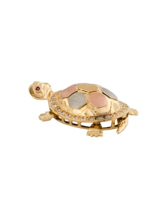 Brooch 18K Tri-Color Synthetic Ruby & Diamond Articulating Turtle Pendant