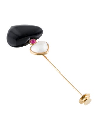 Brooch 18K Pearl, Onyx & Tourmaline Stick Pin