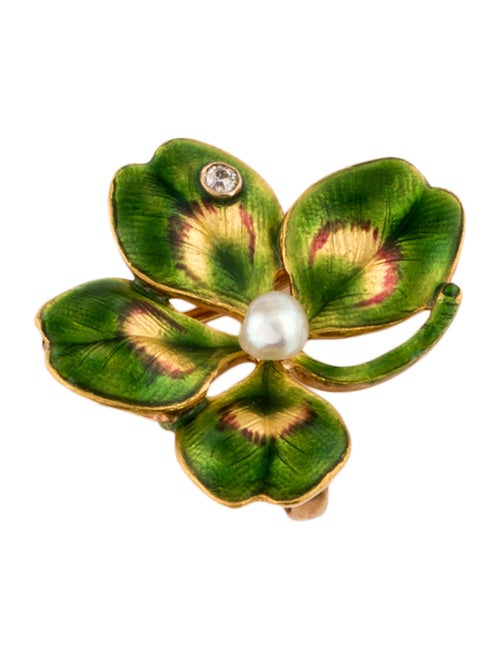 Brooch 14K Enamel, Pearl & Diamond Four Leaf Clover Brooch